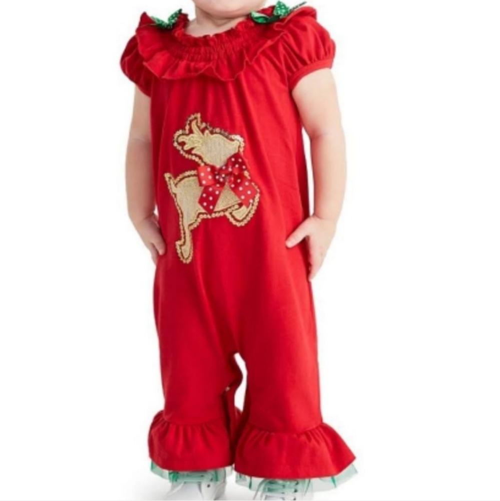 Girl's Festive Red Short Ruffled Sleeve Coveralls with Sequin Reindeer, Size 24M